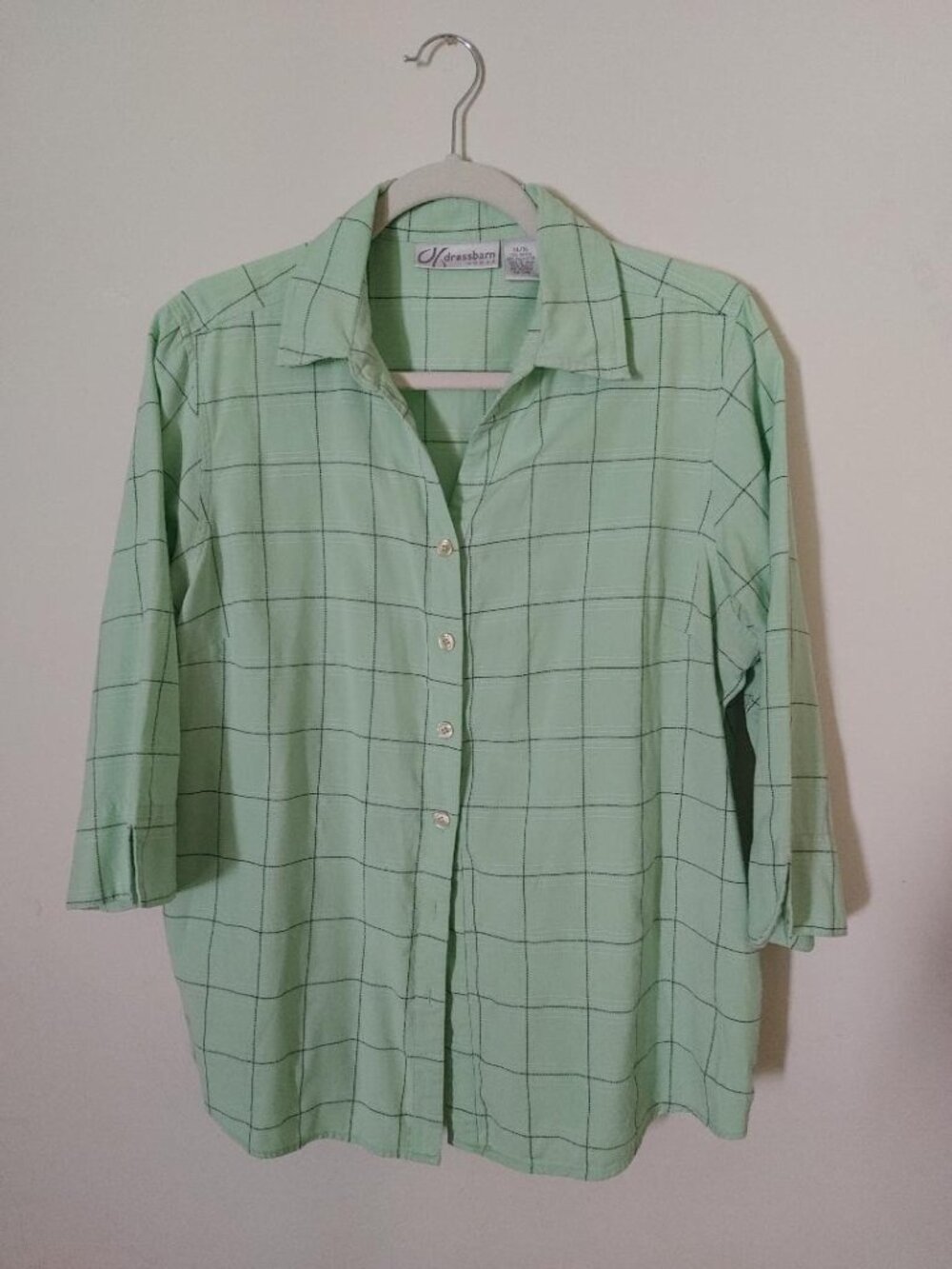 Dress Barn 14/16 Womens 3/4 Sleeve Button Up Green Shirt with Black Thin Stripes